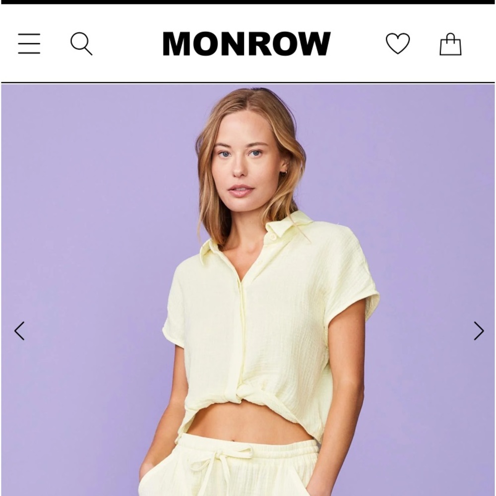Monrow Gauze twist front shirt in lemon. Size small